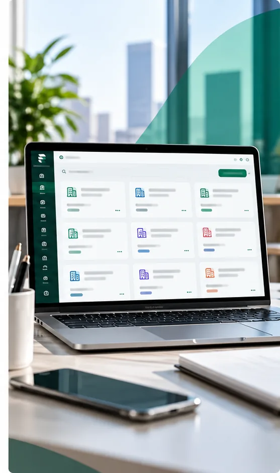 Vista ilustrativa de la administración de varias empresas en una computadora portátil